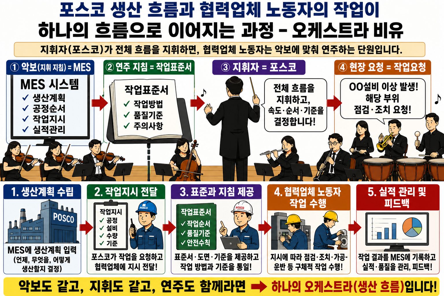 포스코 생산공정과 협력업체 노동자의 작업이 하나의 흐름으로 이어지는 과정을 설명한 이미지