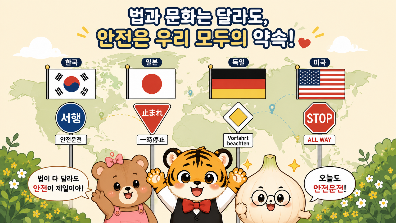 한국·일본·독일·미국 국기 또는 도로 표지판이 나란히 놓인 세계지도