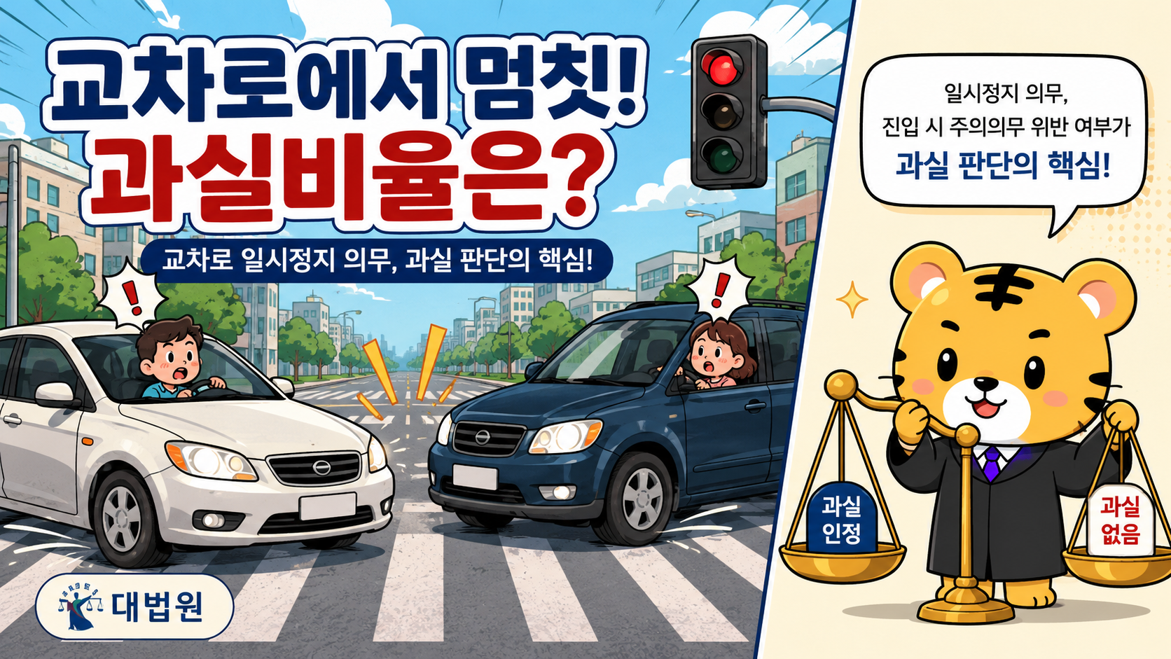 교차로에서 두 차량이 충돌 직전 멈칫하는 장면.