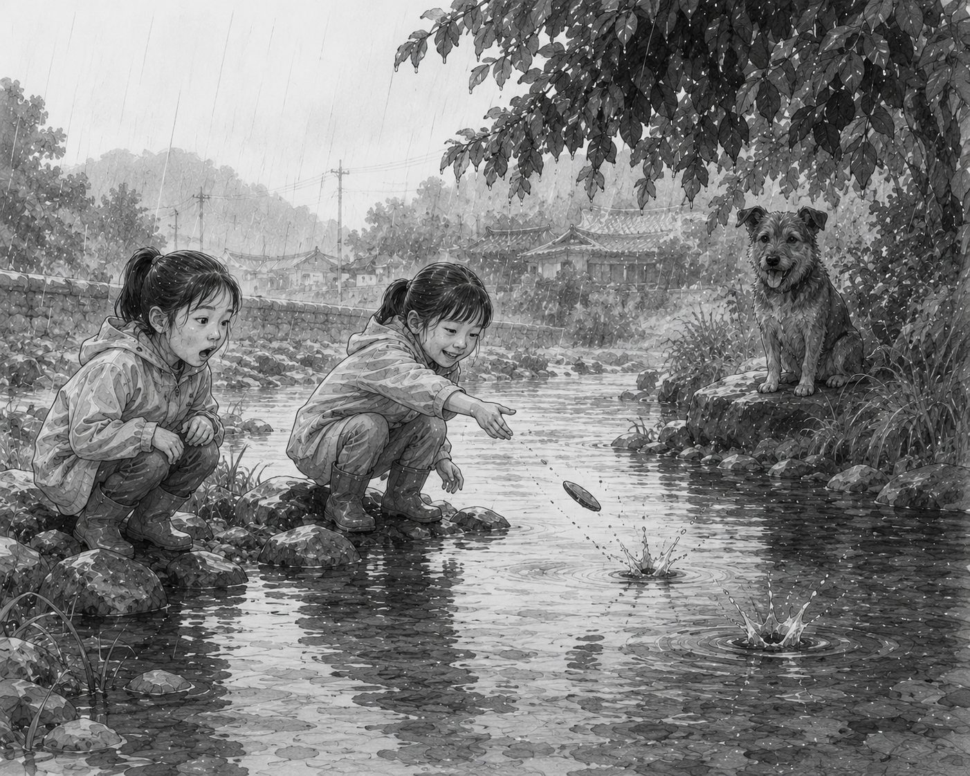서아와 서윤이 개울에서 물수제비를 뜨고 갈범이가 지켜보는 장면