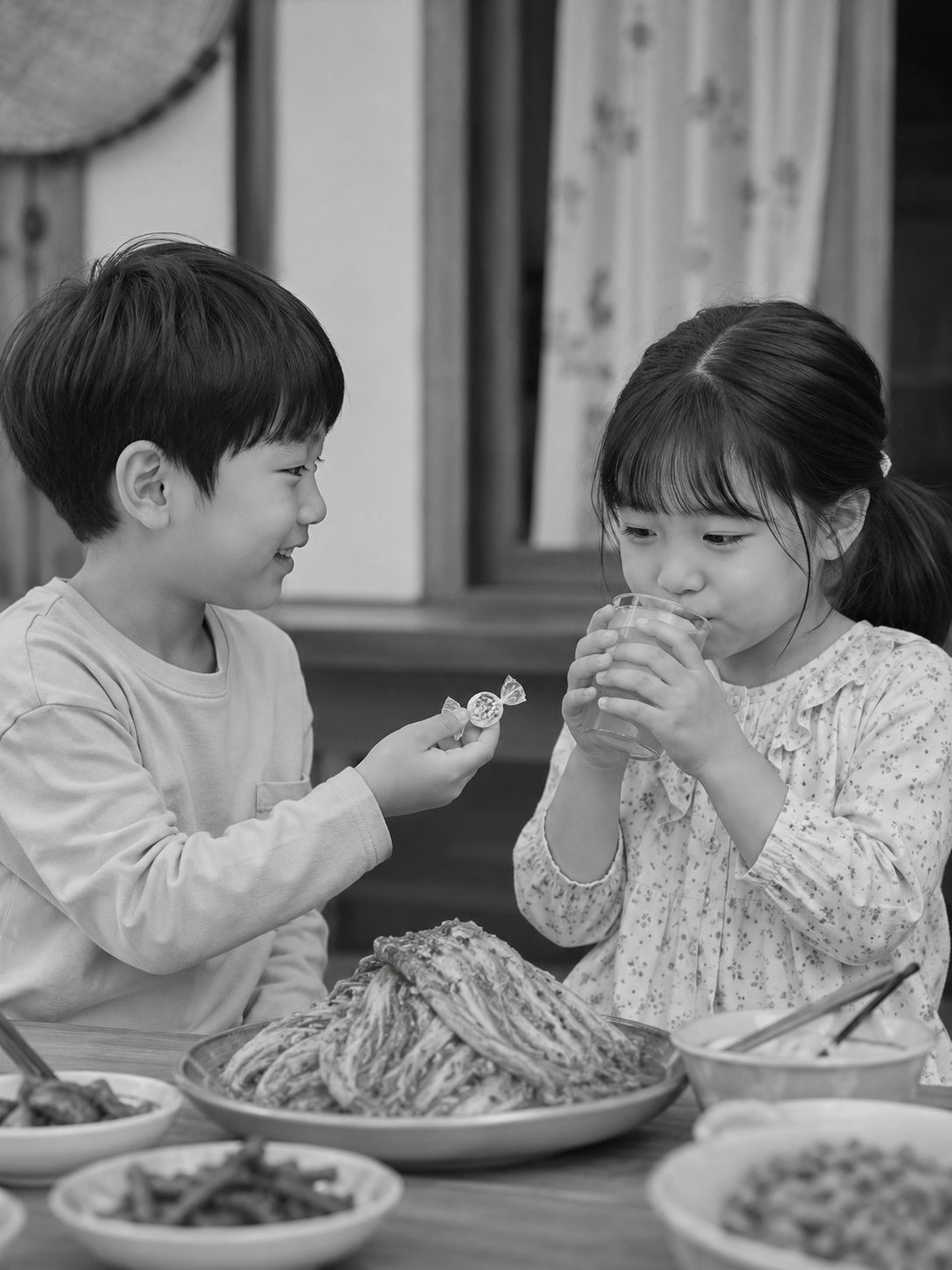 남자아이 서윤이가 매운 김치를 먹은 여자아이 서아에게 사탕을 건네는 장면