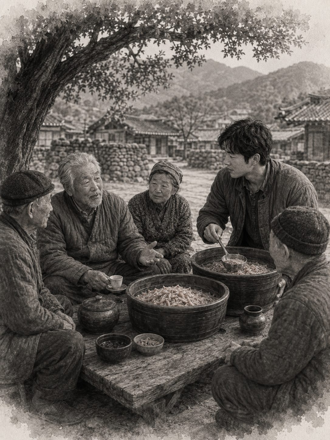 정 영감이 다름과 어울림을 이야기하고 진우가 젓갈을 덜다 손을 멈춘 장면