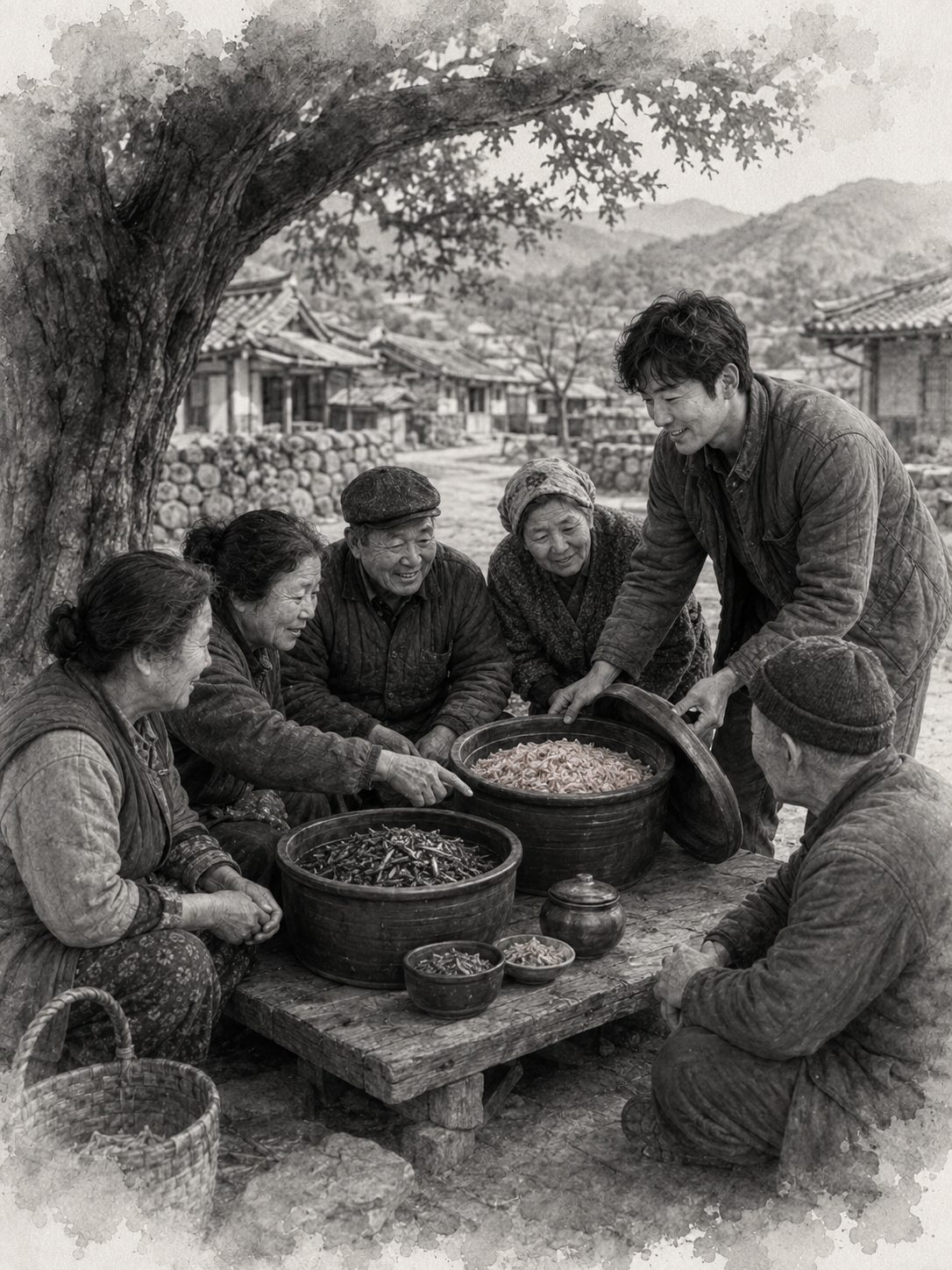 연화마을 평상에서 진우가 새우젓과 멸치젓을 펼쳐 놓고 어르신들이 고르는 장면