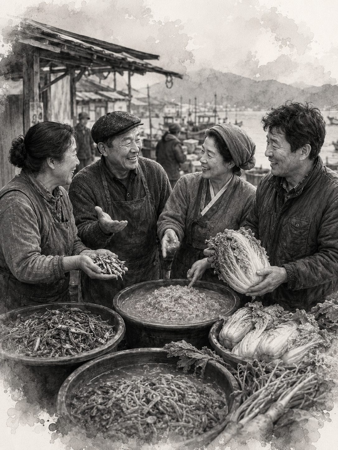 전라도 경상도 충청도 강원도 사람들이 각자의 김치와 젓갈을 이야기하며 웃는 장면
