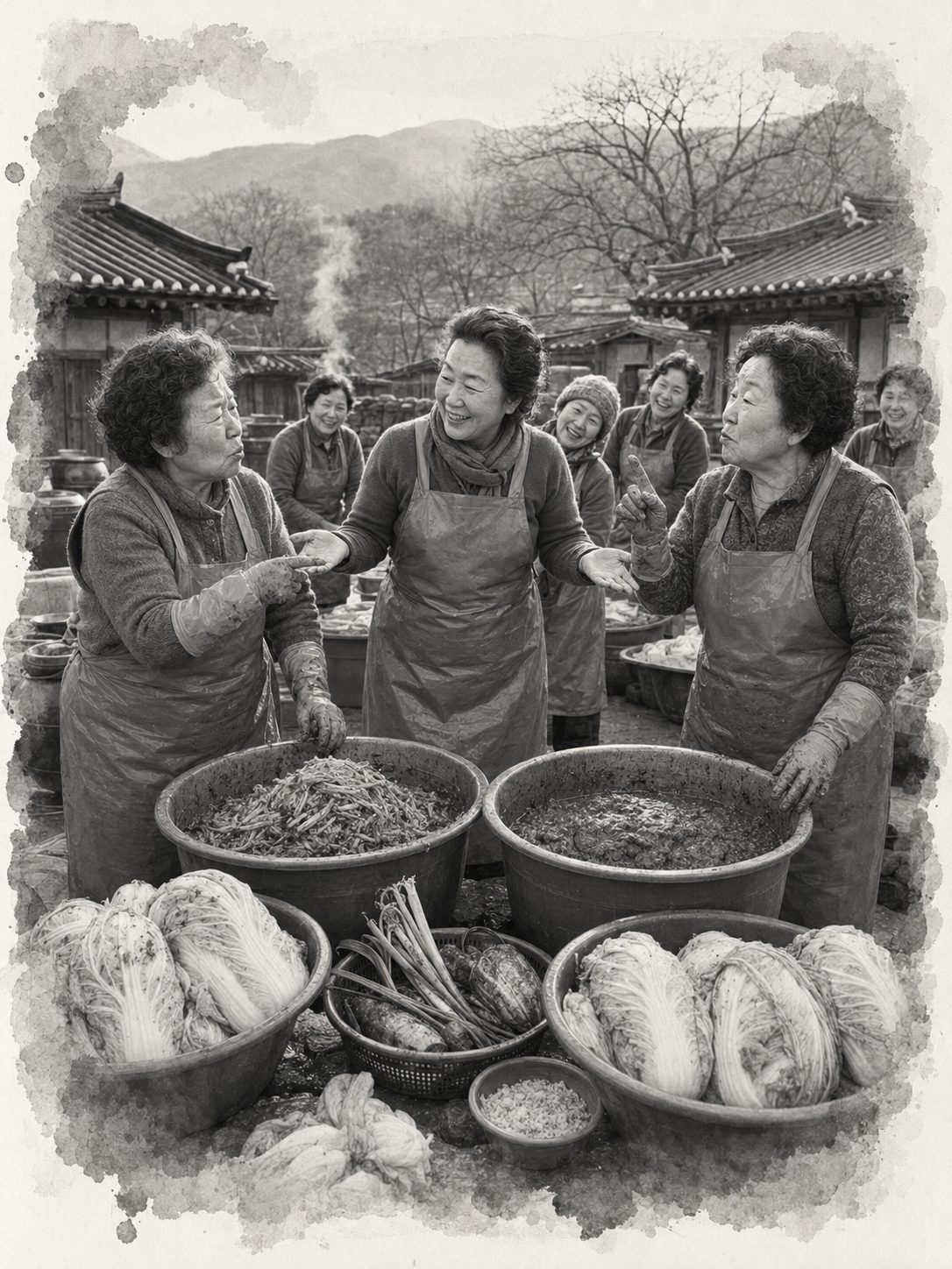 멸치젓과 새우젓을 두고 의견이 갈린 사람들을 정 영감이 웃으며 중재하는 장면