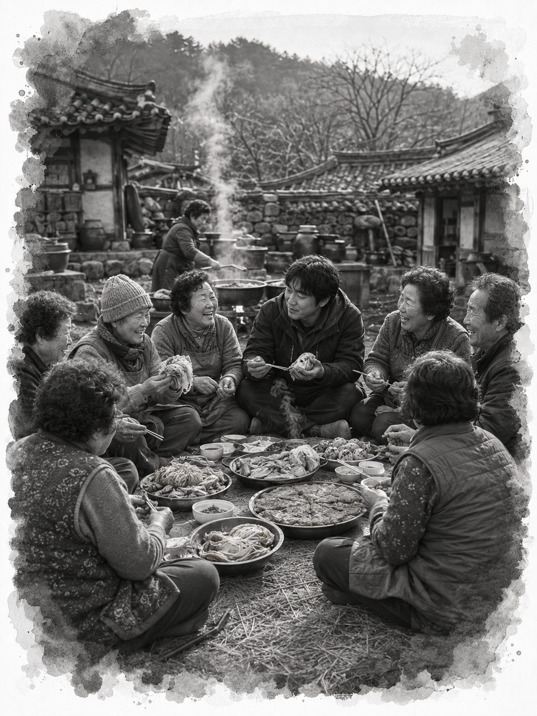 진우와 마을 사람들이 멍석에 둘러앉아 수육과 갓 버무린 김치, 약밥과 김치전을 나누어 먹는 모습