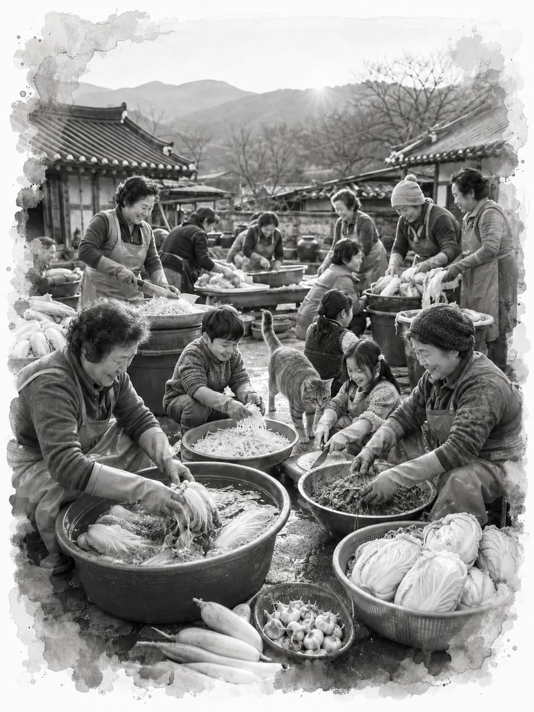 배추를 씻고 무를 썰고 마늘을 까며 함께 김장을 준비하는 마을 사람들과 아이들, 고양이 갈범이