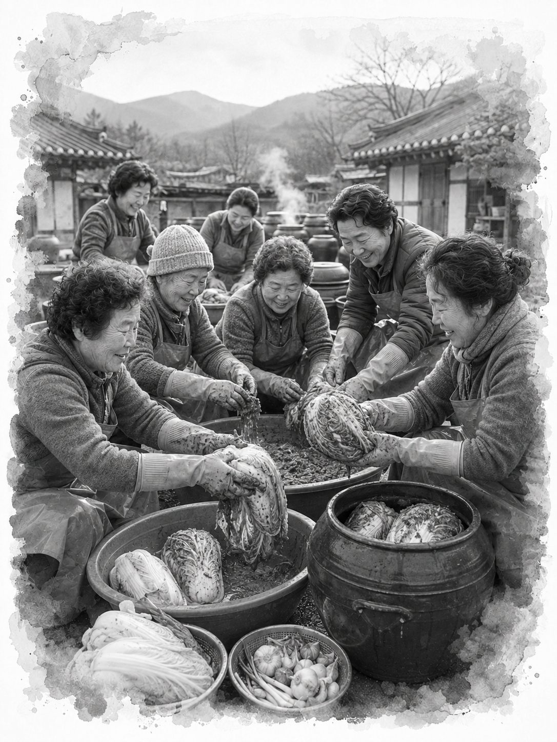 여러 사람이 둥글게 앉아 배추에 양념을 바르고 김치 통에 담는 모습
