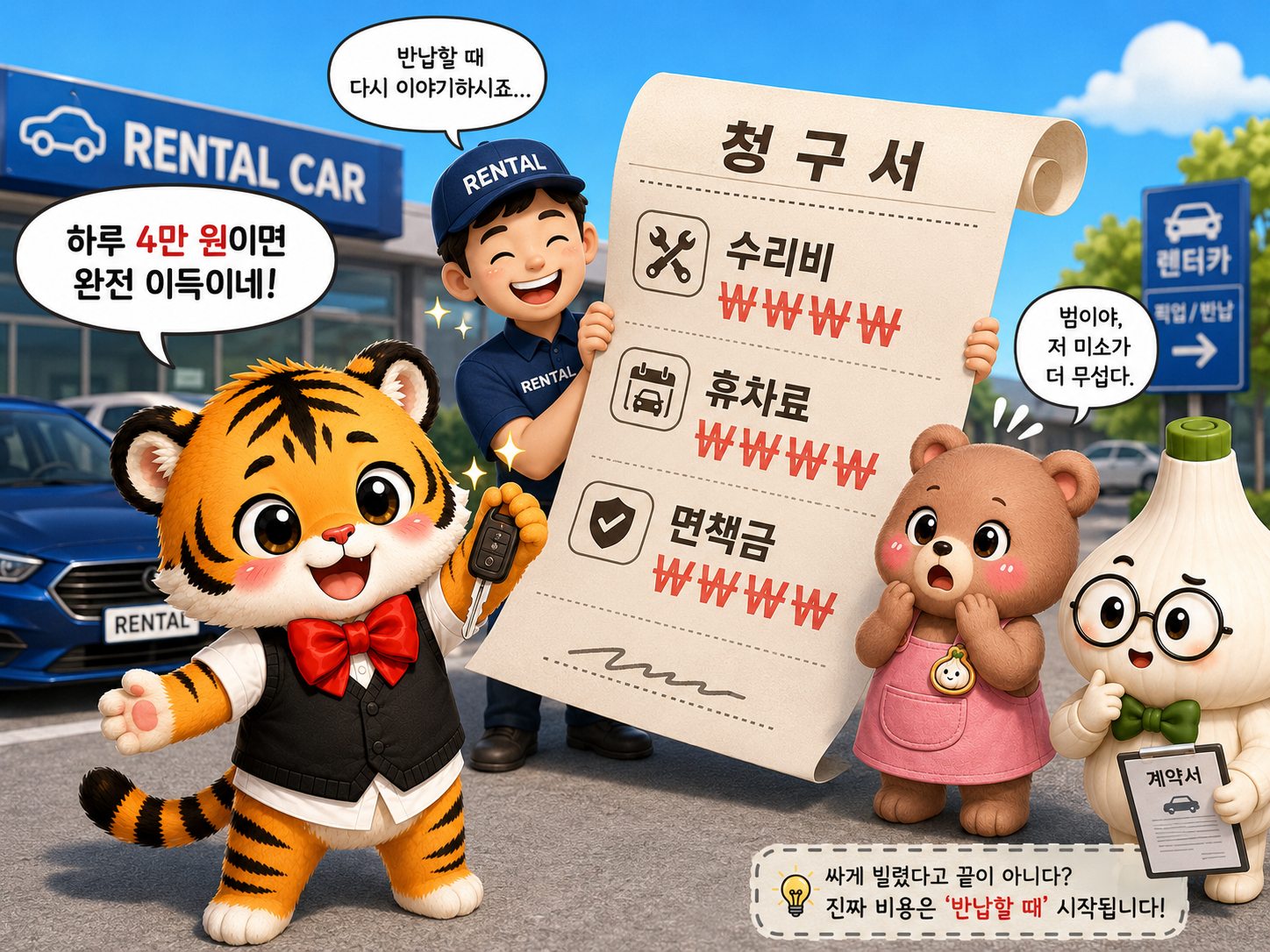 저렴한 렌터카 대여료에 좋아하는 범이 뒤로 수리비 휴차료 면책금 청구서가 등장하는 장면