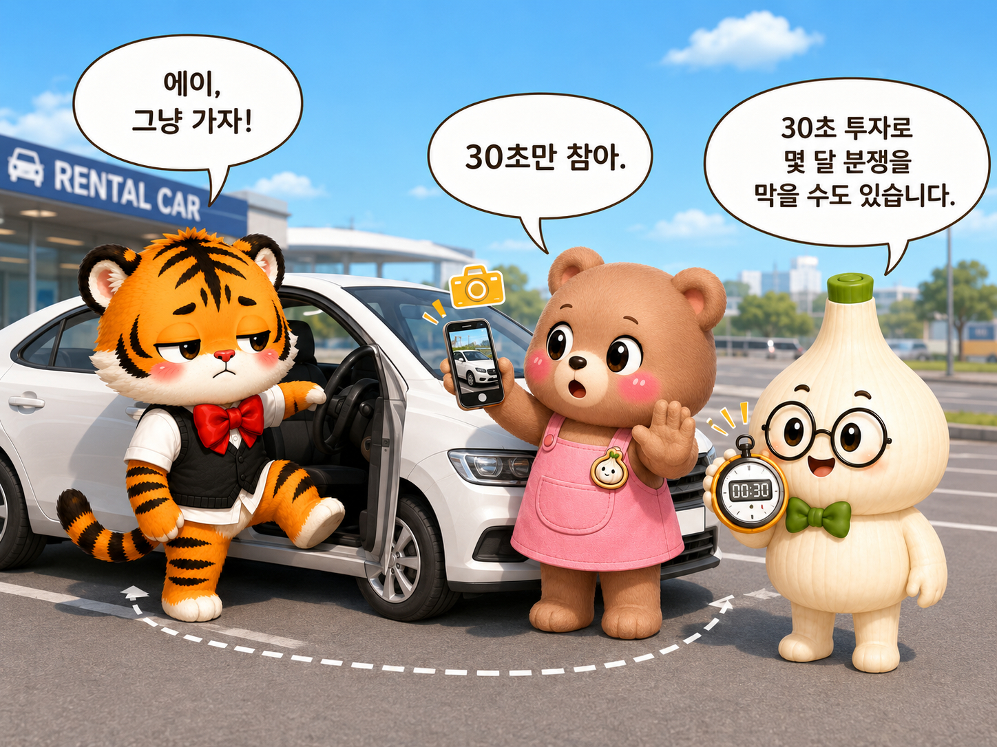 범이가 바로 출발하려는 순간 웅녀가 차량을 촬영하고 마르가 30초 스톱워치를 드는 장면