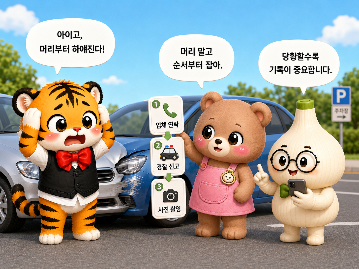 렌터카 사고 뒤 업체 연락 경찰 신고 사진 촬영 순서를 보여주는 장면