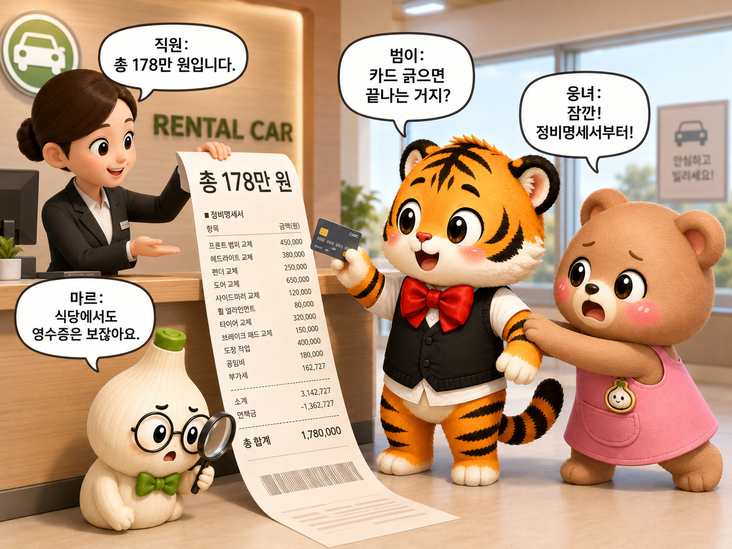 직원이 긴 렌터카 청구서를 내밀자 웅녀가 범이의 카드 결제를 막고 마르가 명세서를 살펴보는 장면