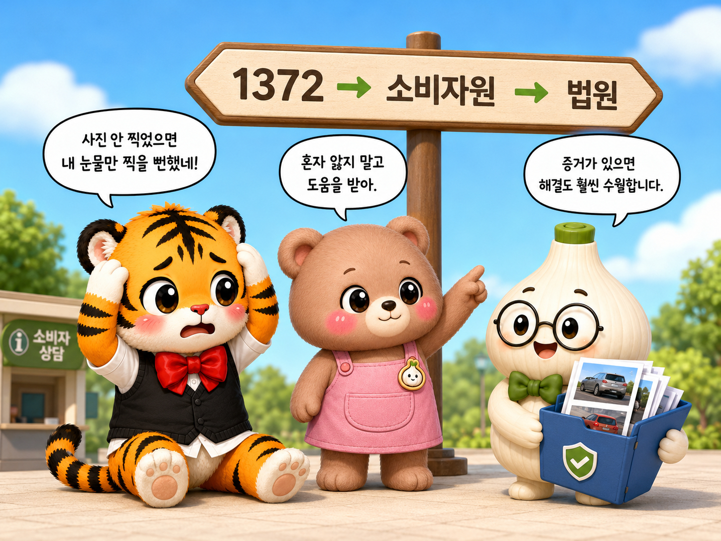 범이가 걱정하는 가운데 웅녀와 마르가 1372 소비자원 법원으로 이어지는 도움 경로를 안내하는 장면