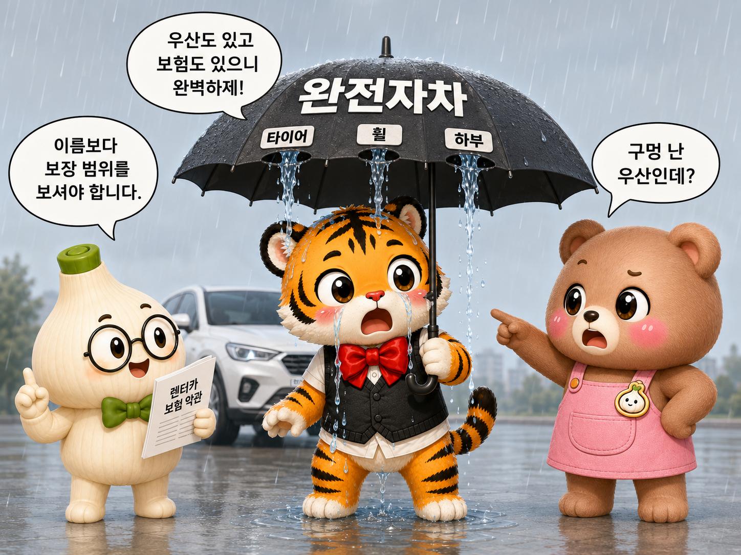 완전자차 우산의 타이어 휠 하부 부분에 구멍이 뚫려 비가 새는 장면