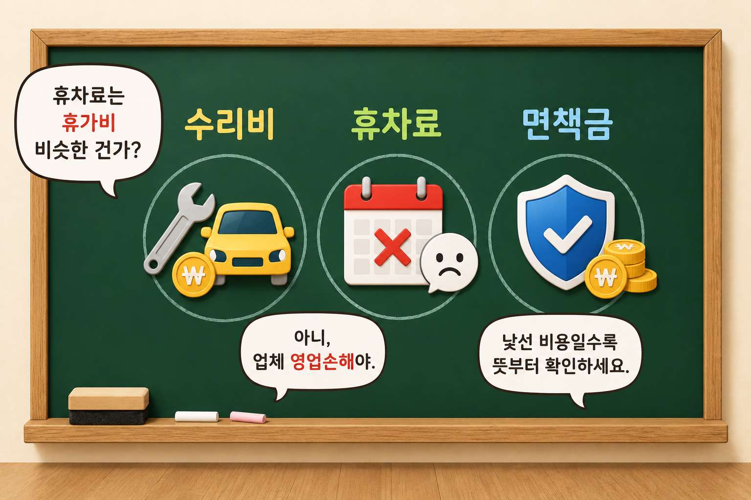 렌터카 청구서에 등장하는 수리비 휴차료 면책금을 아이콘으로 설명한 칠판
