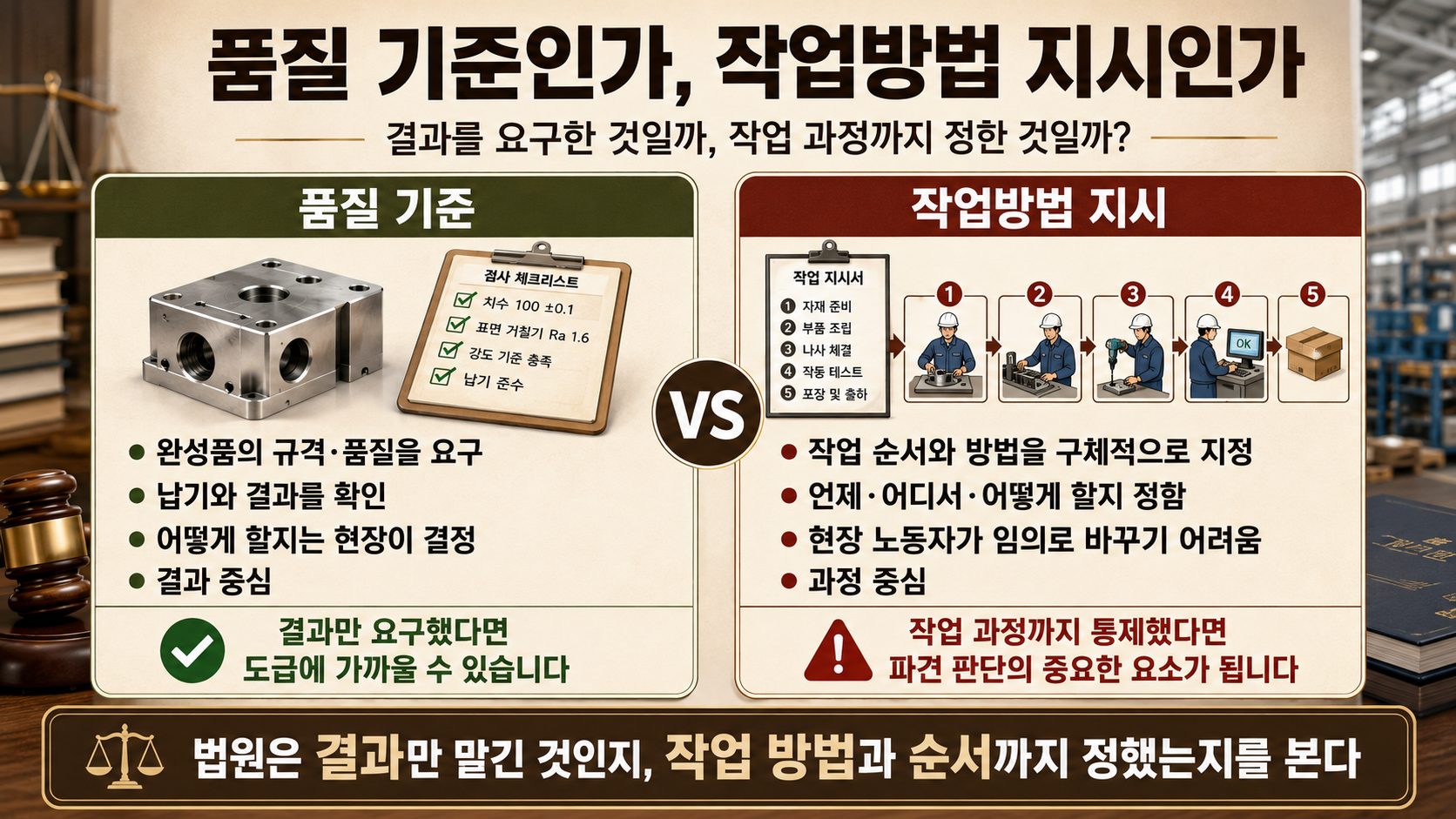 품질 기준과 작업방법 지시의 차이를 좌우로 비교한 인포그래픽