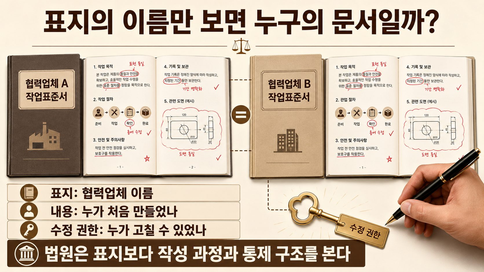 표지는 서로 다른 협력업체 이름이지만 안쪽 내용과 수정 권한이 누구에게 있었는지를 비교한 이미지