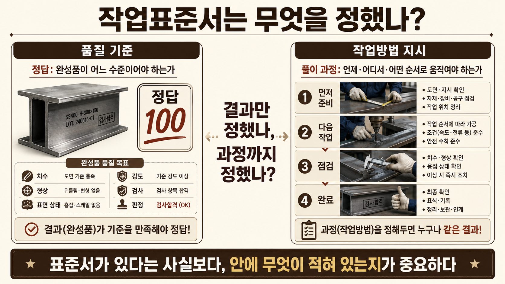작업표준서가 결과의 품질만 정했는지 작업 과정과 순서까지 정했는지를 비교한 이미지