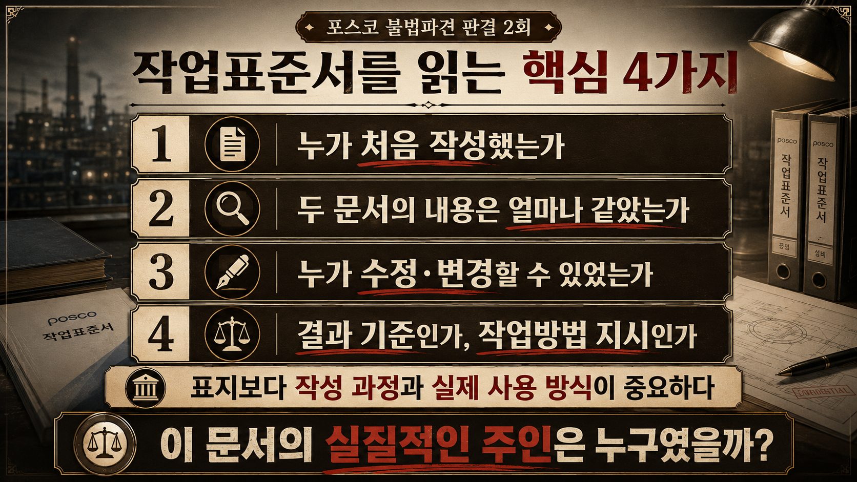 작업표준서를 읽을 때 확인해야 할 작성자, 내용의 유사성, 수정 권한, 실제 사용 방식을 정리한 이미지