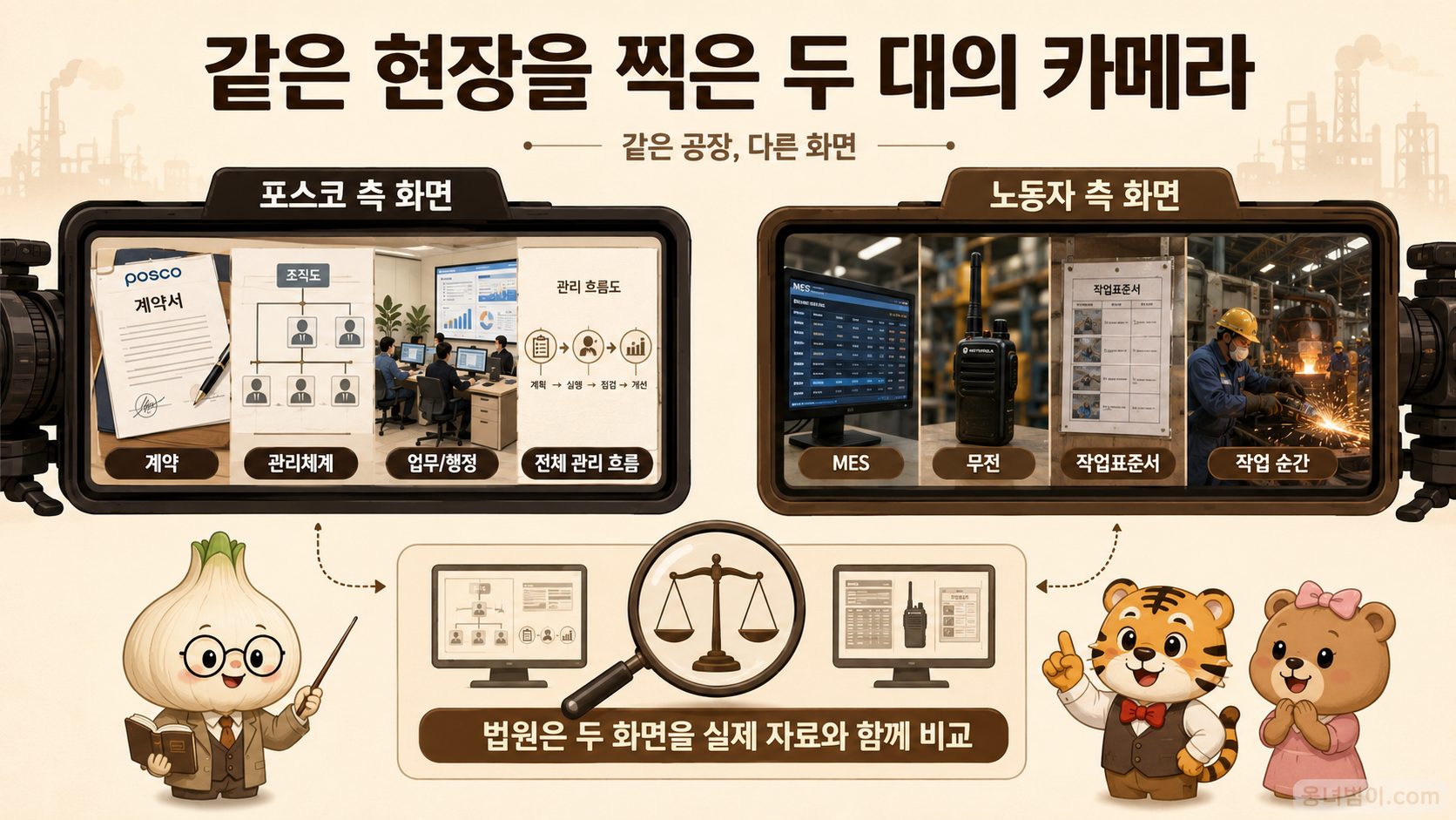 같은 제철소를 넓게 찍은 계약과 관리체계 화면과 작업 순간을 가까이 찍은 MES와 무전 및 작업표준서 화면을 비교한 대표 이미지