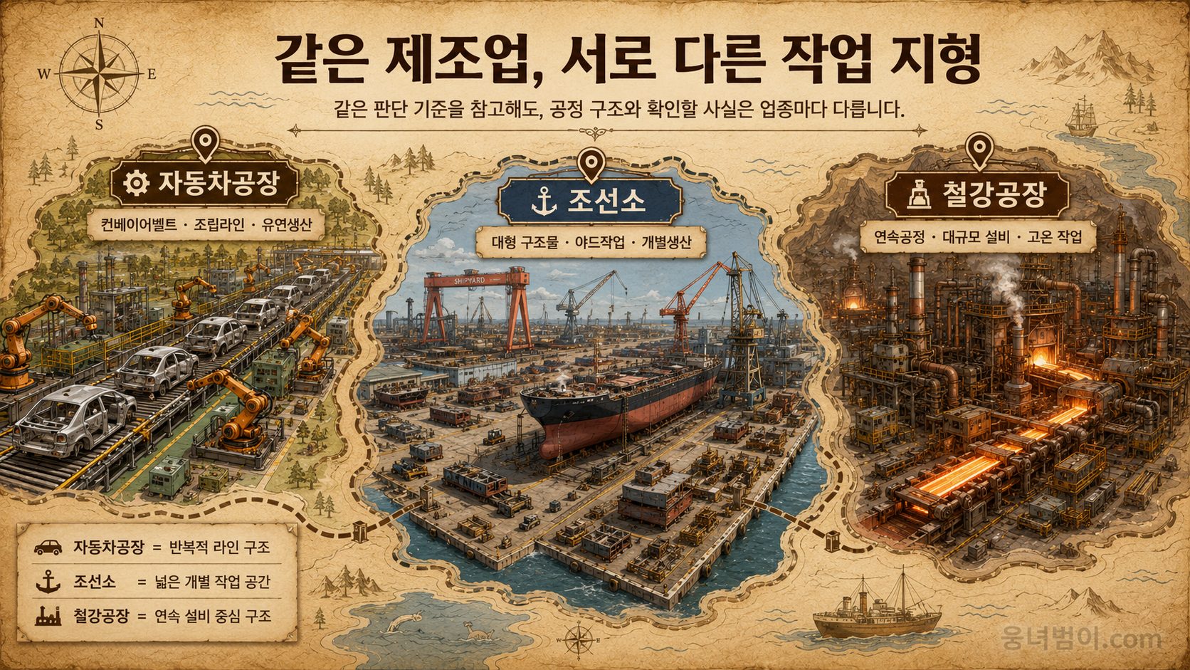 자동차공장, 조선소, 철강공장의 작업 지형을 비교한 이미지