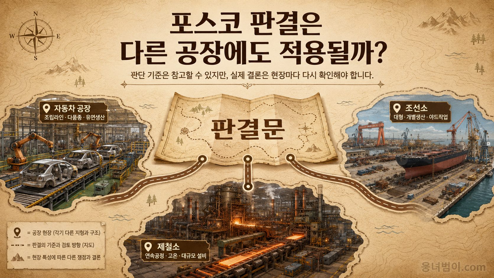 자동차공장과 조선소와 제철소의 서로 다른 작업 지형을 지도처럼 비교한 이미지