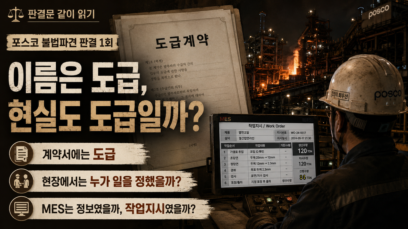 제철소 작업현장에서 도급계약서의 이름과 MES 작업화면의 실제 기능을 대비한 대표 이미지