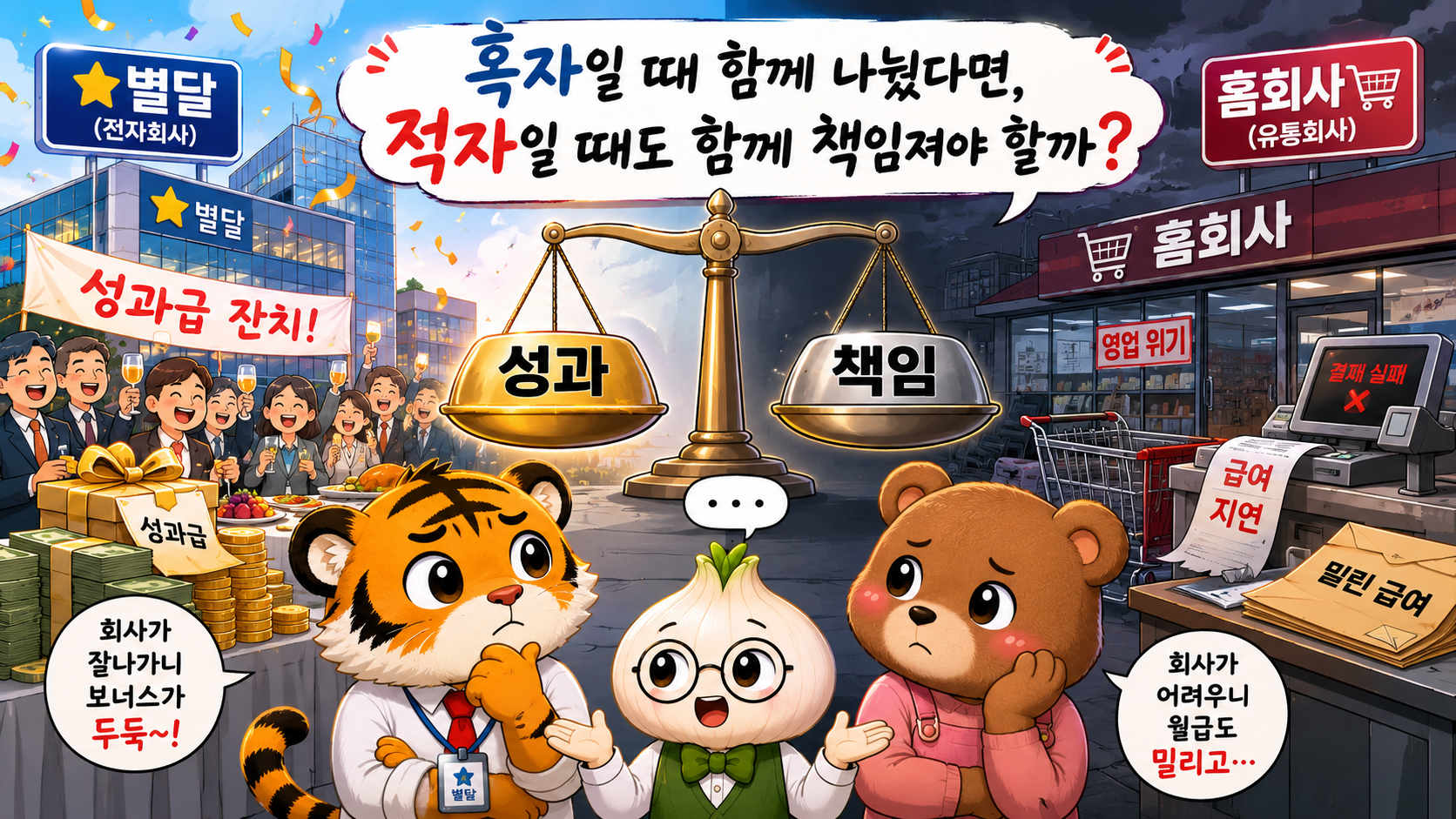 흑자 때의 성과와 적자 때의 책임을 저울에 올린 풍자 이미지