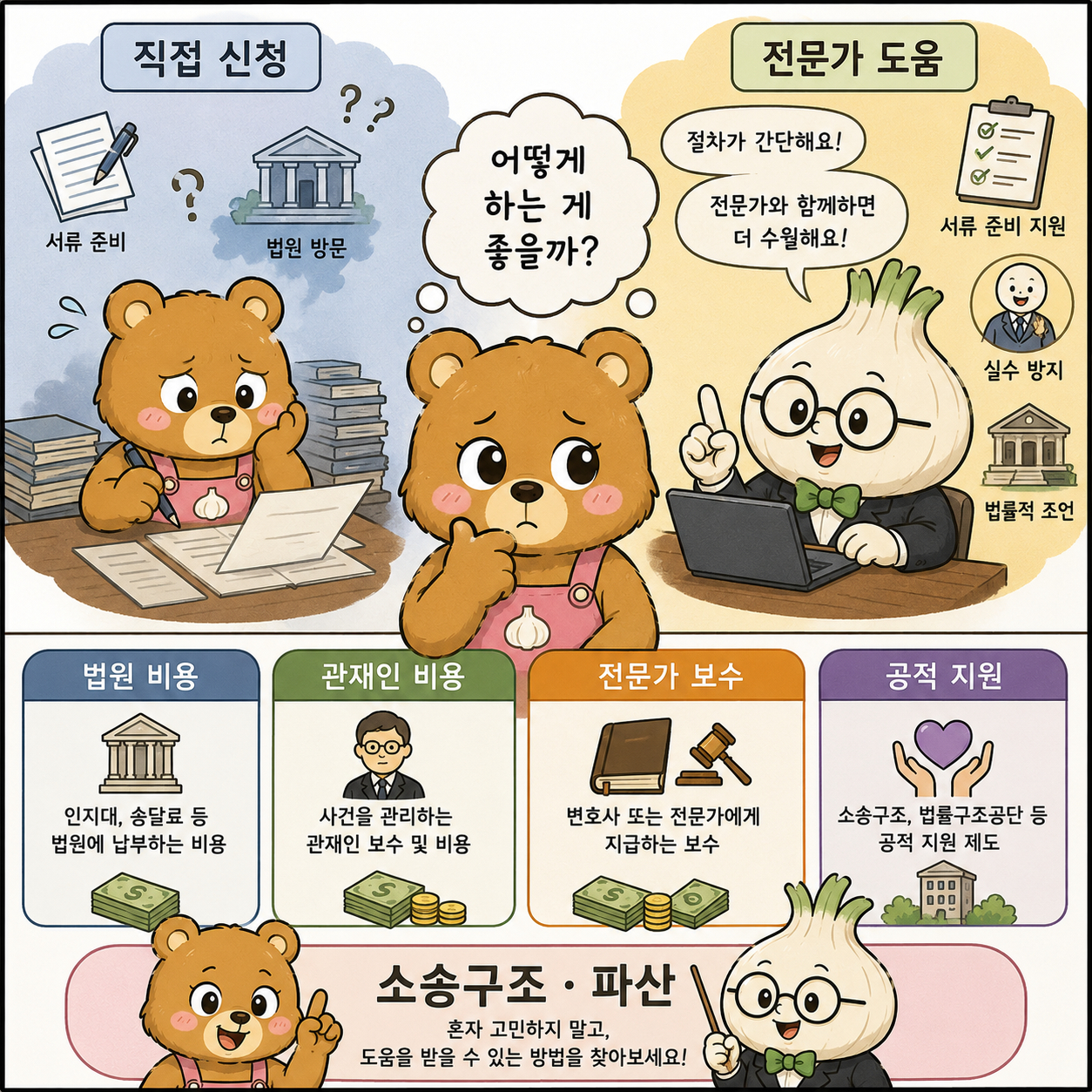 직접 신청과 전문가 도움 사이에서 고민하는 웅녀와 설명하는 마르
