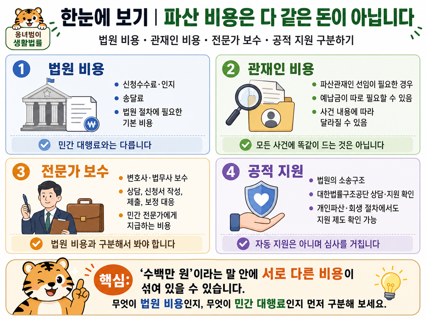 법원 비용 관재인 비용 전문가 보수 공적 지원을 구분한 인포그래픽