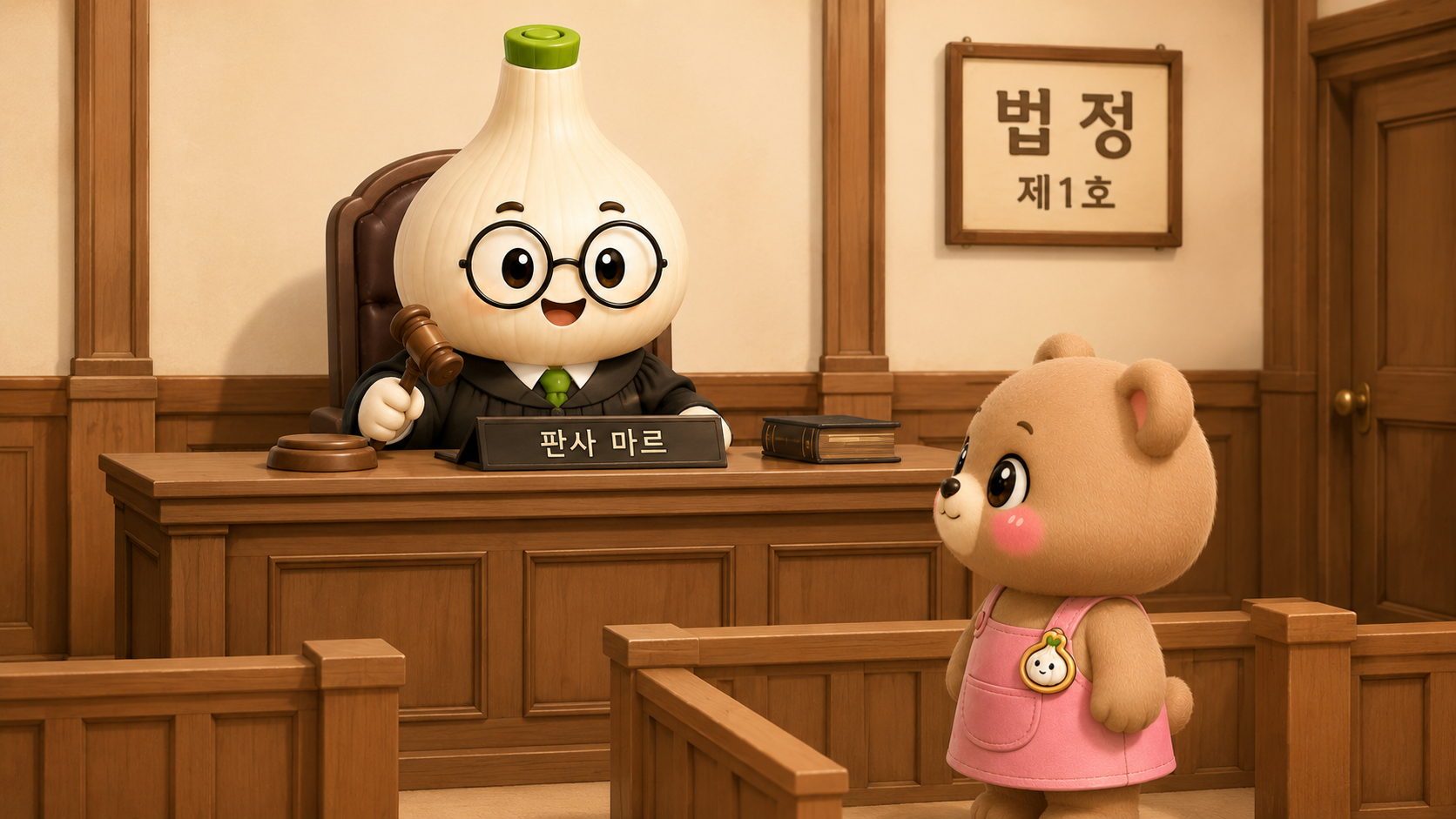 법정에서 판사 역할을 하는 마르와 설명을 듣는 웅녀