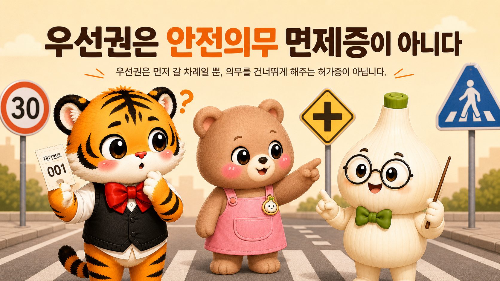 도로 앞에서 번호표를 든 범이와 안전표지를 가리키는 웅녀와 마르가 우선권과 의무의 차이를 보여주는 대표 이미지