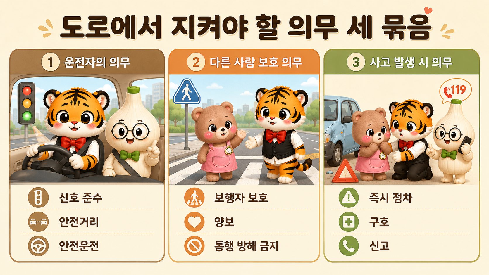 운전 중 의무, 다른 사람 보호의무, 사고 후 의무를 세 칸으로 정리한 인포그래픽