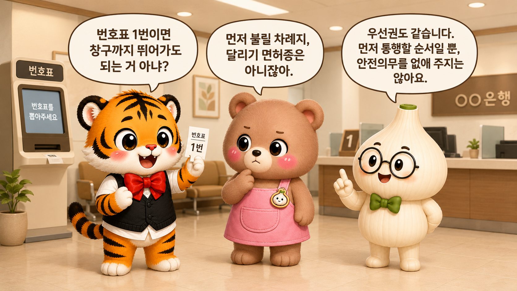 은행 번호표 1번을 든 범이에게 웅녀와 마르가 우선권은 안전의무를 없애지 않는다고 설명하는 캐릭터 대화 장면