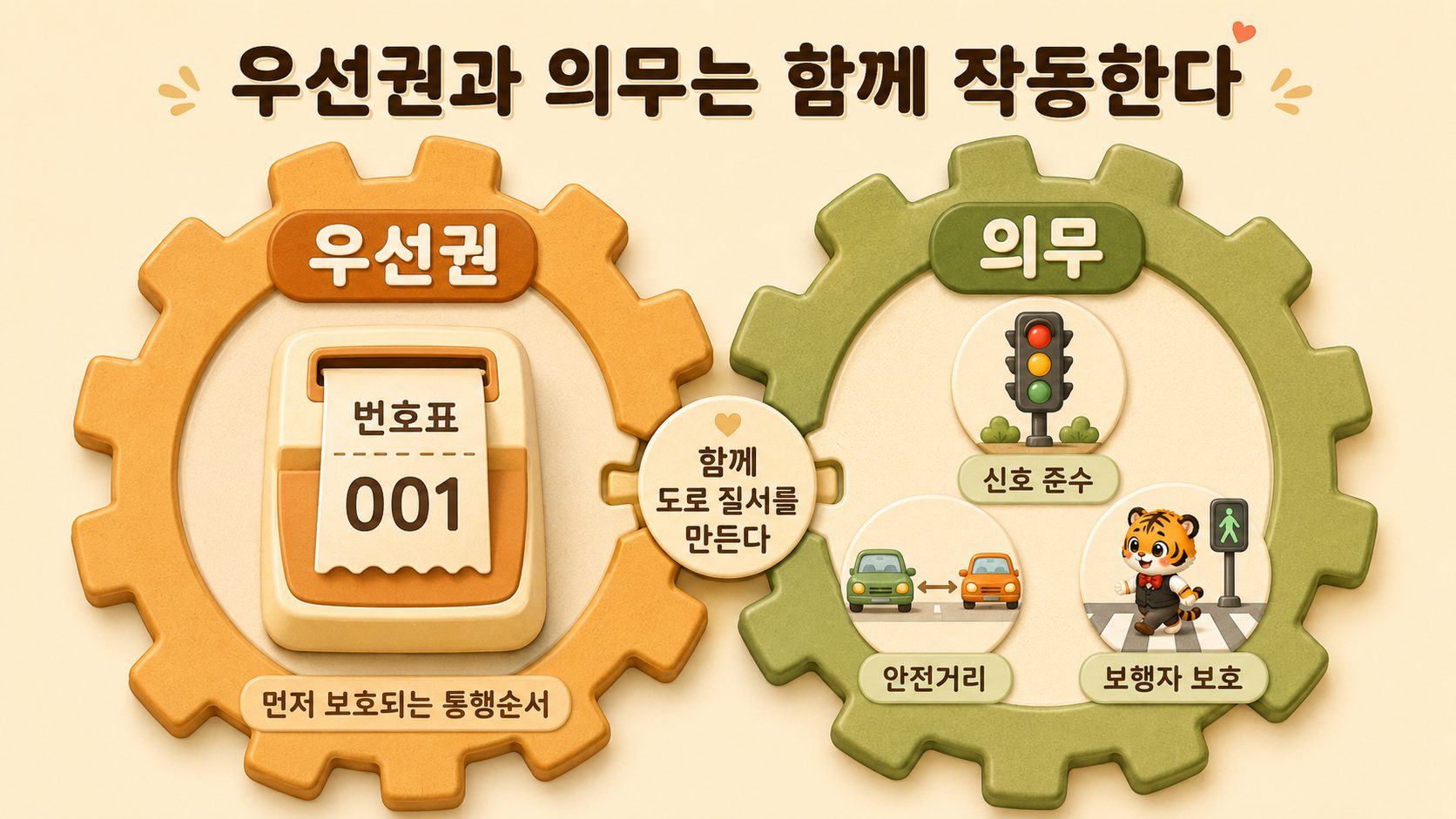 번호표와 신호, 안전거리, 보행자 보호 아이콘이 두 톱니처럼 맞물려 우선권과 의무가 함께 작동함을 보여주는 인포그래픽