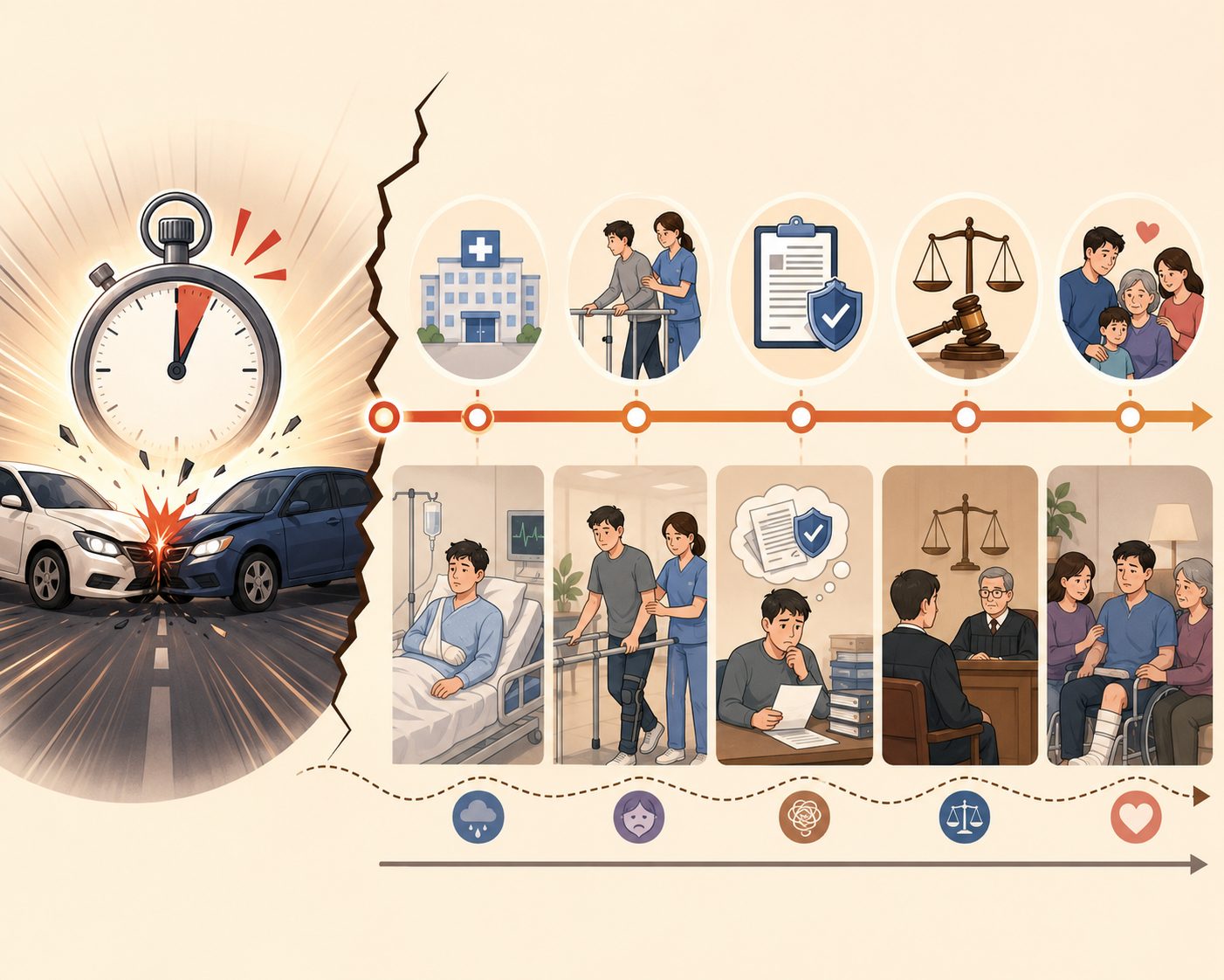 짧은 충돌 순간 뒤 병원 치료와 재활, 보험, 재판, 가족 돌봄이 긴 시간 동안 이어지는 모습