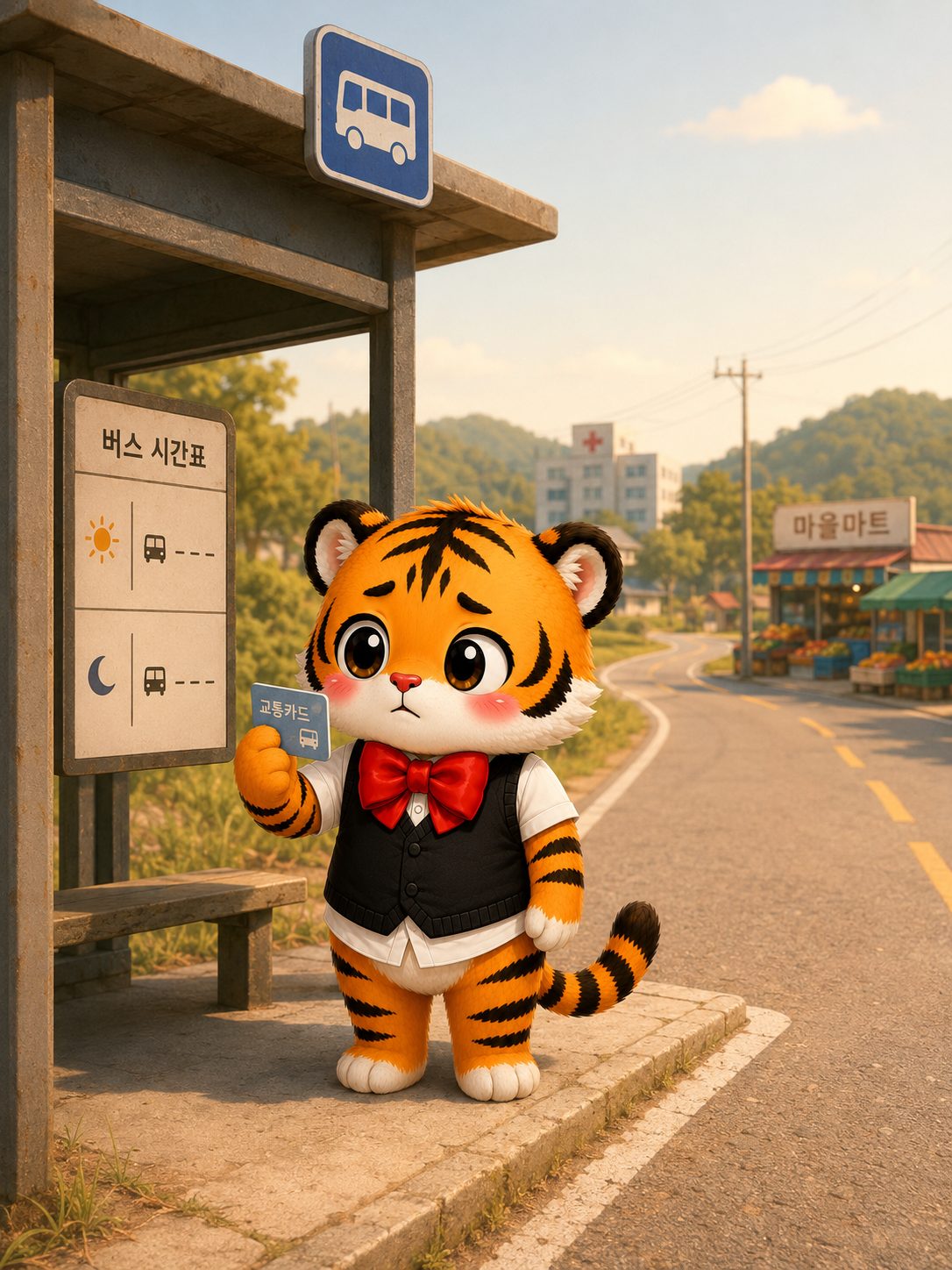 범이가 교통카드를 들고 하루 두 차례만 운행하는 시골 버스정류장에서 버스를 기다리는 모습