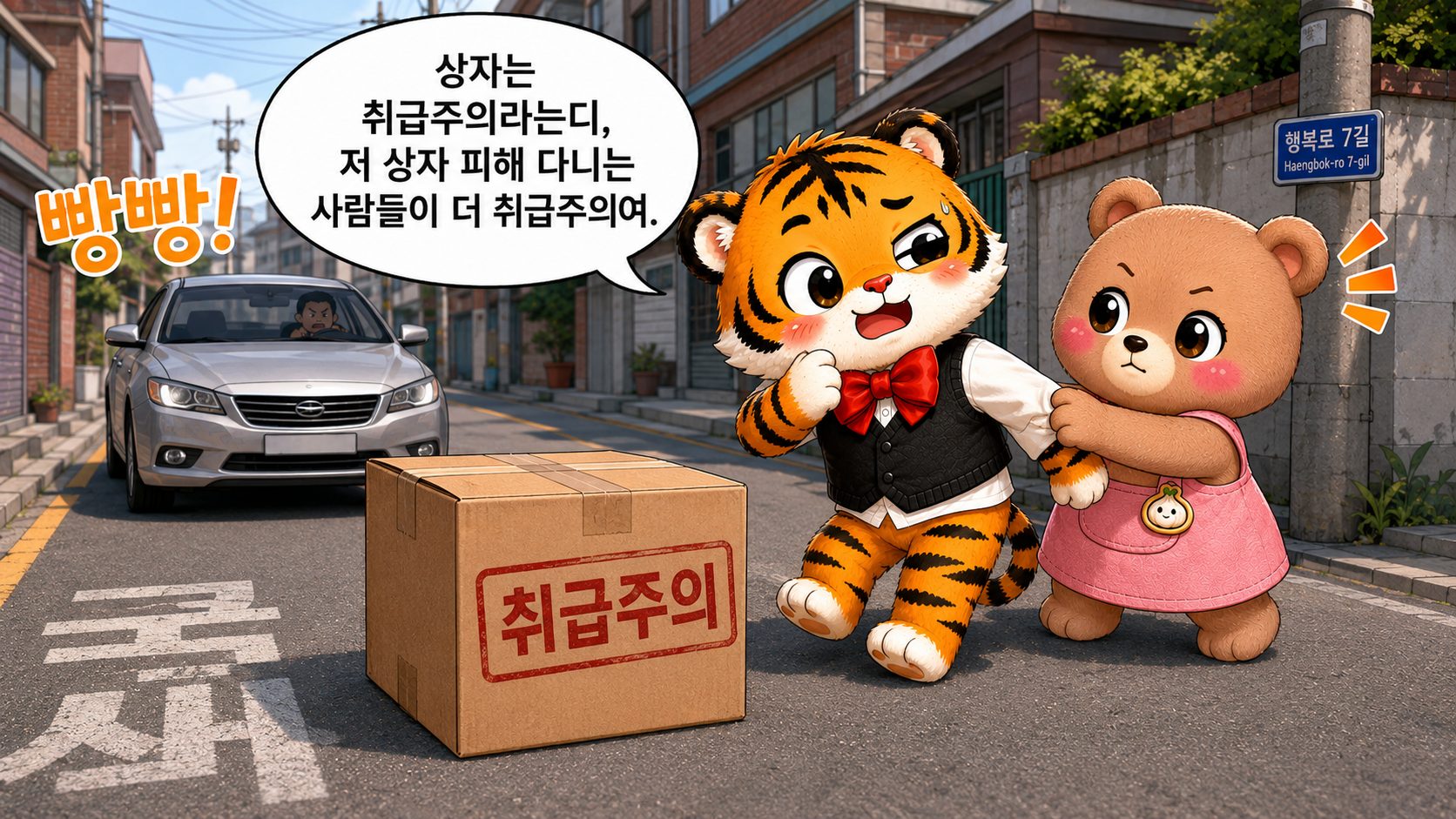 도로 위 취급주의 상자를 피해 가려는 범이와 붙잡는 웅녀