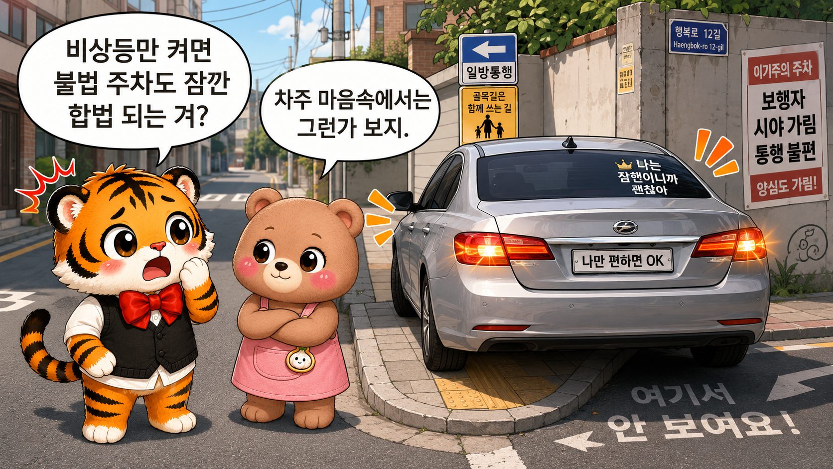 비상등을 켜고 인도와 도로를 막은 불법 주차 차량 풍자 장면