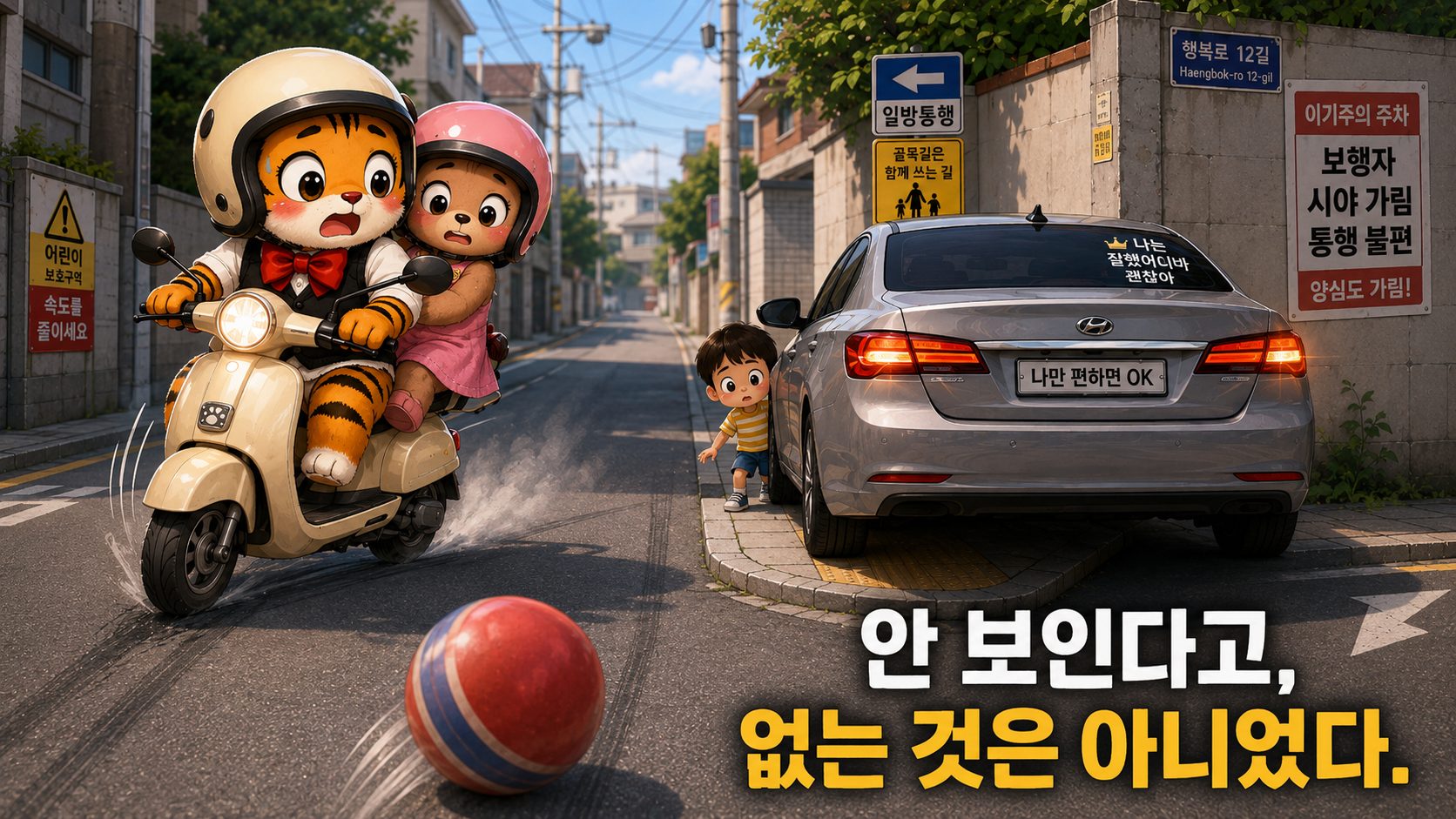 불법 주차 차량 뒤에서 아이가 나타나자 범이가 오토바이를 멈추는 장면