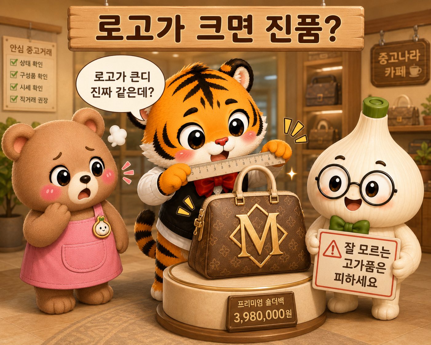 범이가 고가 가방의 로고 크기를 자로 재고 웅녀와 마르가 잘 모르는 고가품을 주의하라고 설명하는 장면