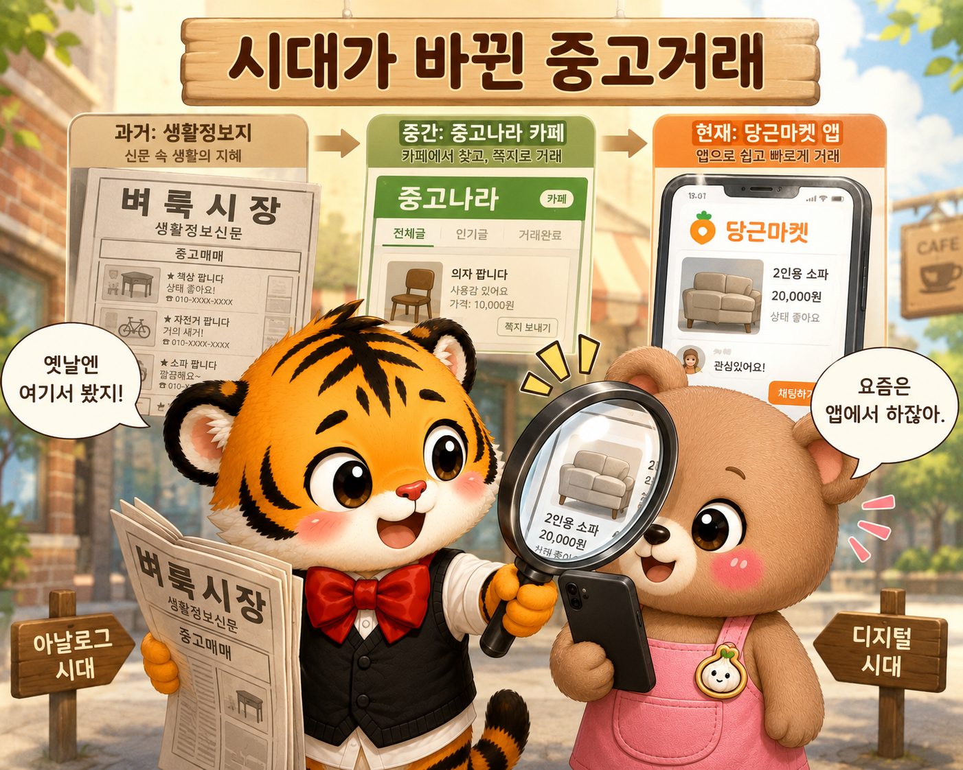 생활정보신문에서 온라인 카페와 중고거래 앱으로 변해 온 중고거래 모습을 범이와 웅녀가 설명하는 장면