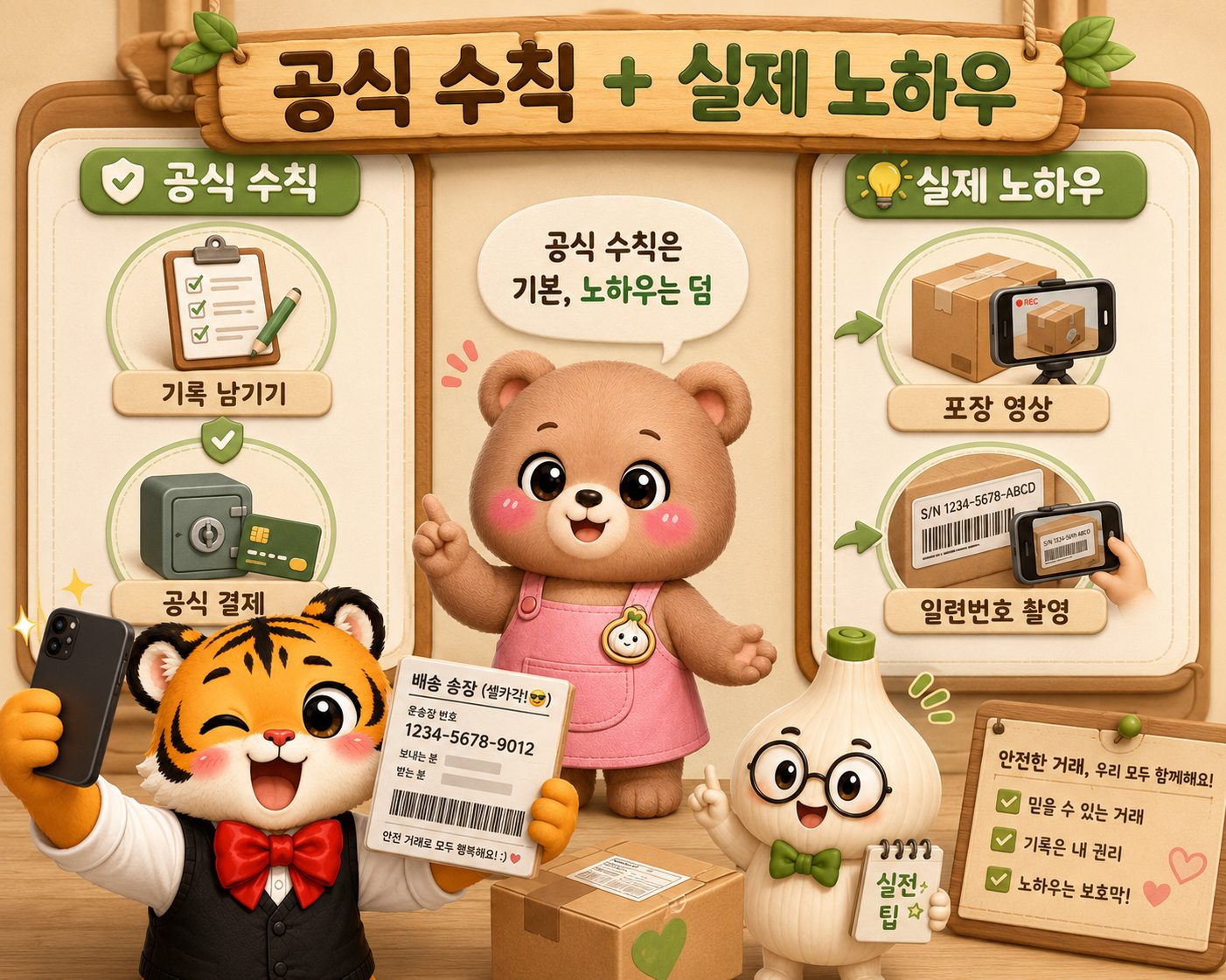기록 남기기와 공식 결제, 포장 영상과 일련번호 촬영 등 중고거래 안전수칙과 실전 노하우를 설명하는 장면