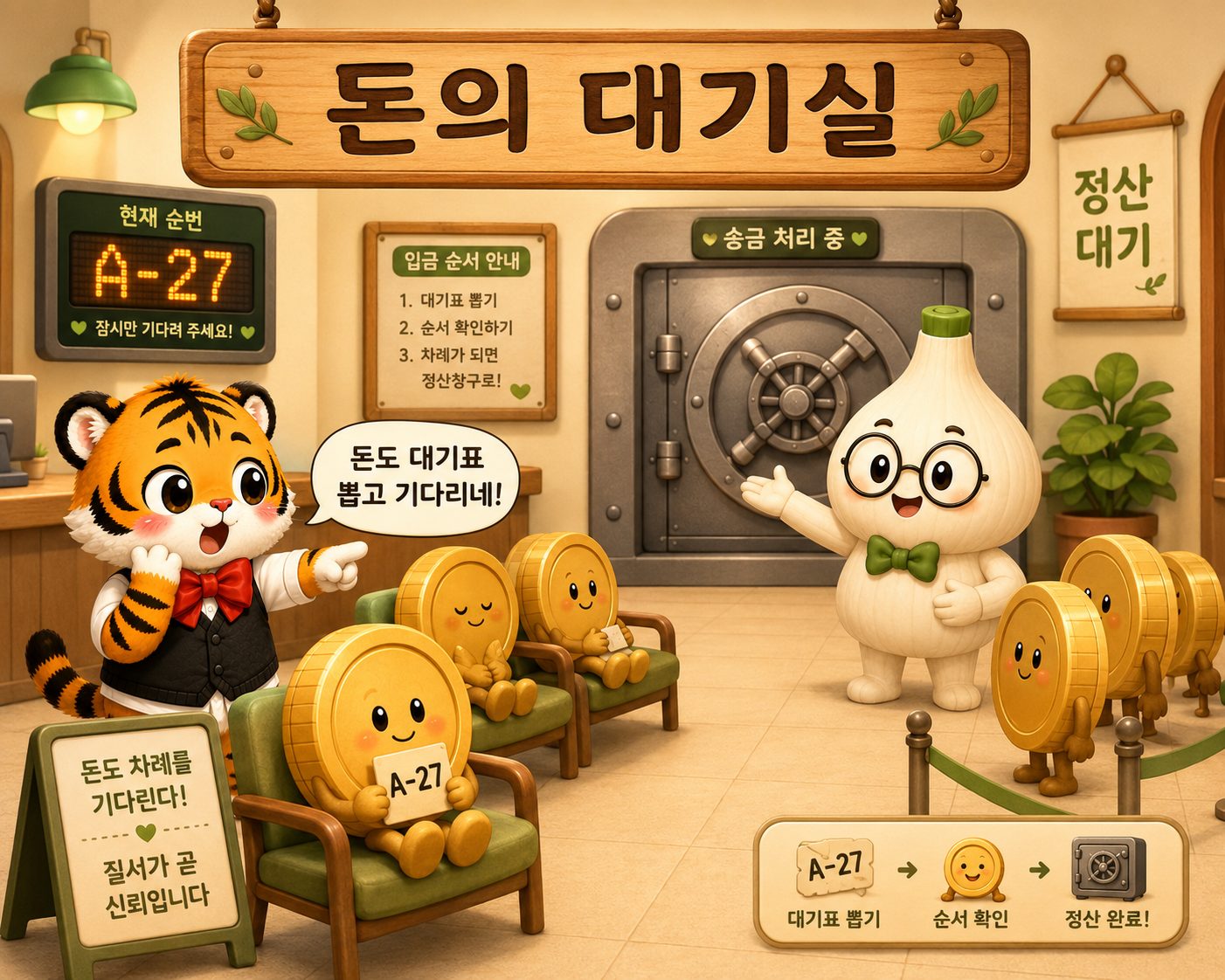 안전결제 대기실에서 동전 캐릭터가 번호표를 들고 차례를 기다리고 마르가 금고를 설명하는 장면