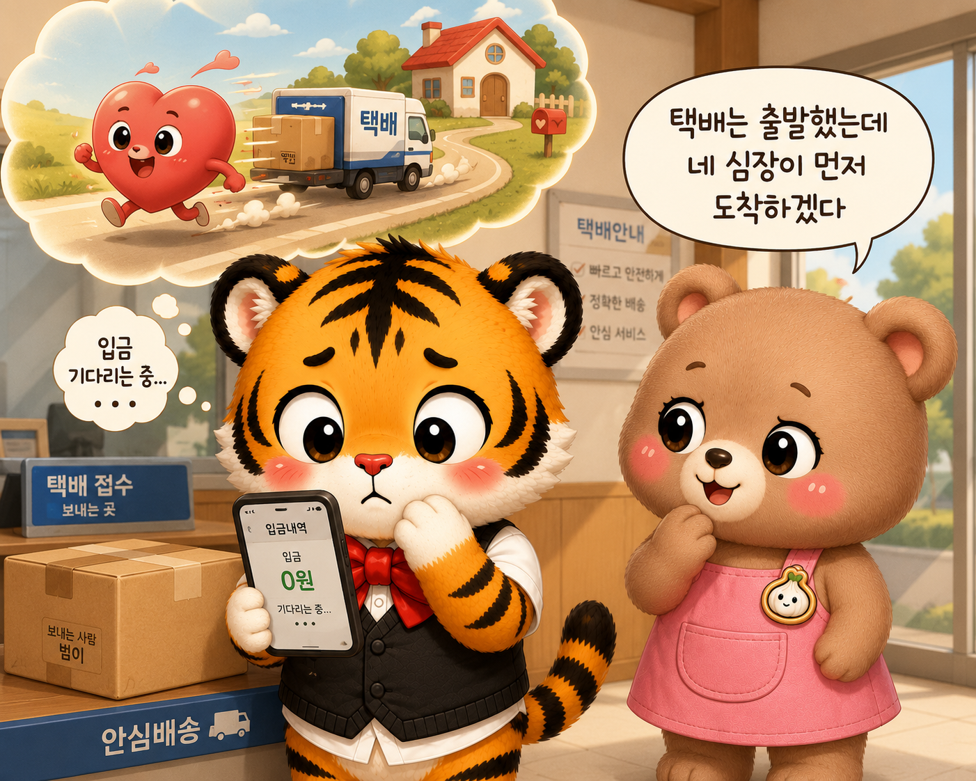 택배를 먼저 보낸 범이가 입금을 기다리고 범이의 심장이 택배보다 먼저 달려가는 모습을 상상하는 장면