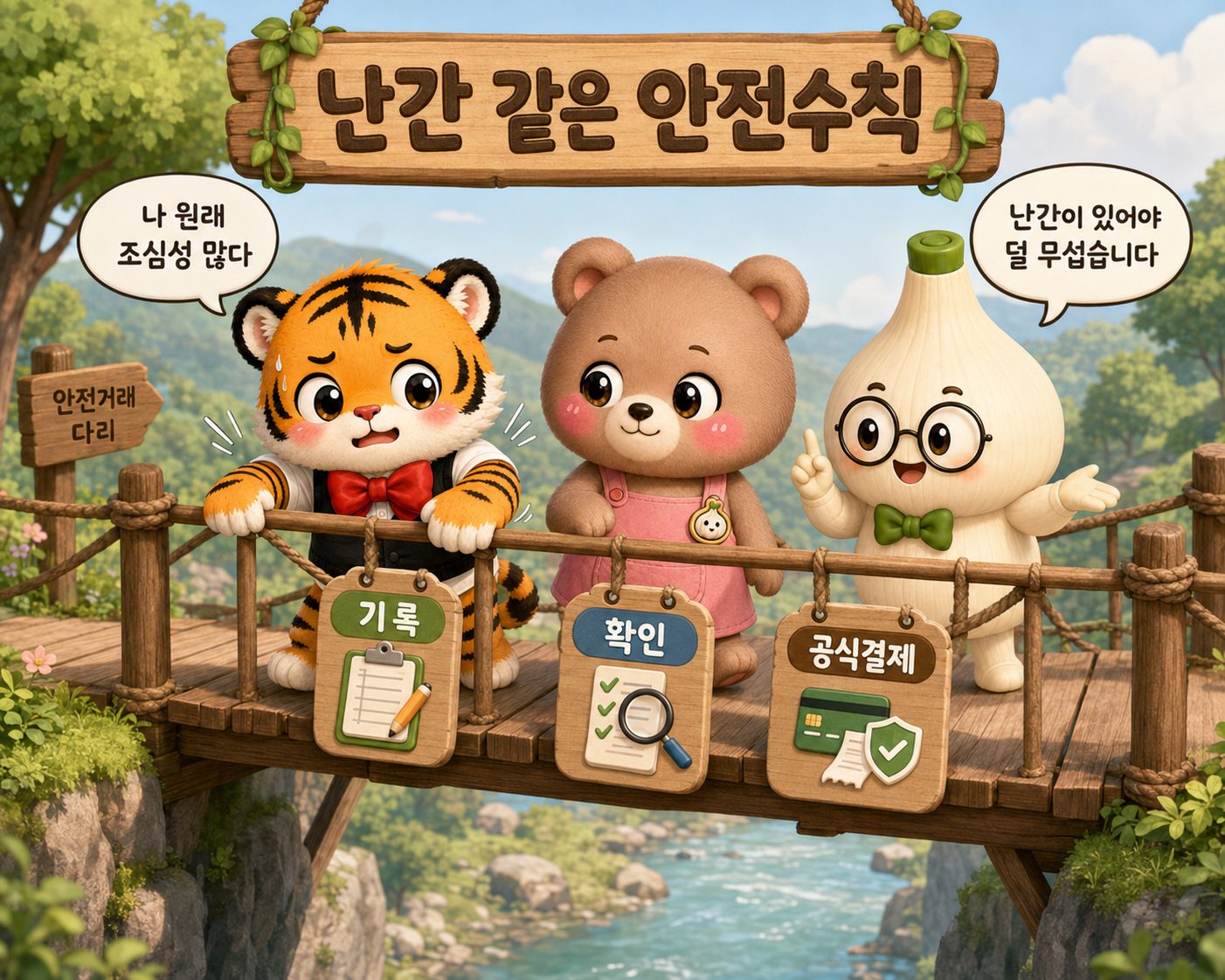 범이와 웅녀와 마르가 기록 확인 공식결제라고 적힌 안전 난간이 있는 다리를 건너는 장면