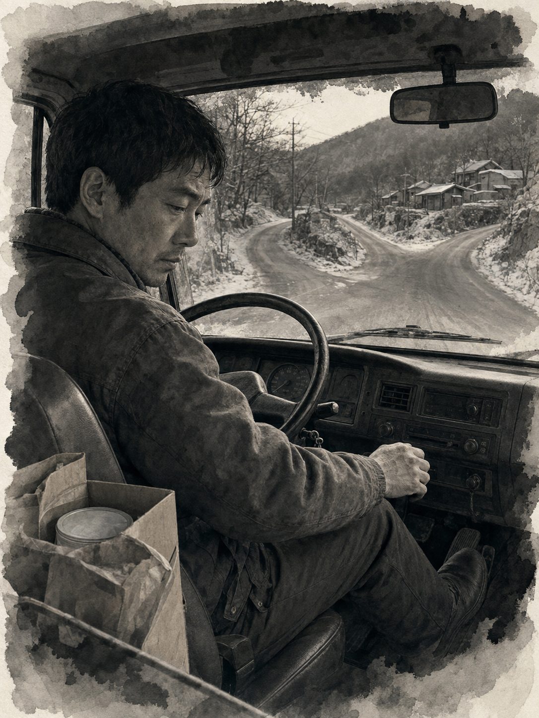 갈림길에서 정비소 대신 옆 마을로 향하기로 선택하는 진우