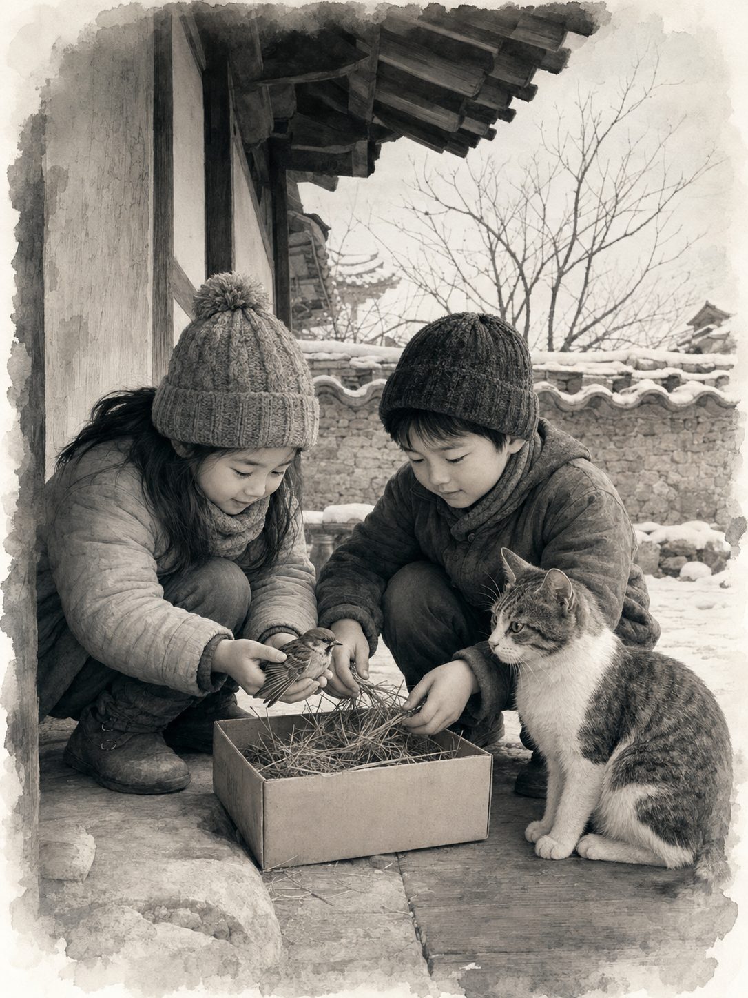 다친 참새를 보살피는 아이들과 그 곁을 지키는 갈범이