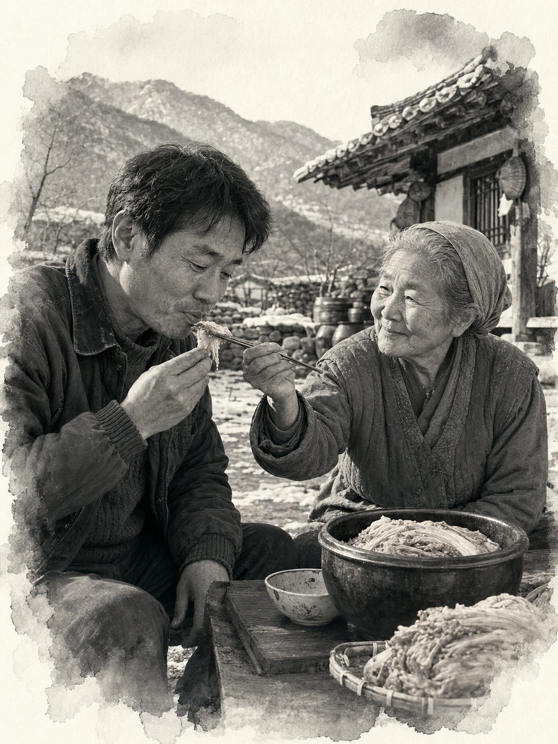 박 할머니가 진우에게 잘 익은 김치 한 점을 건네는 장면