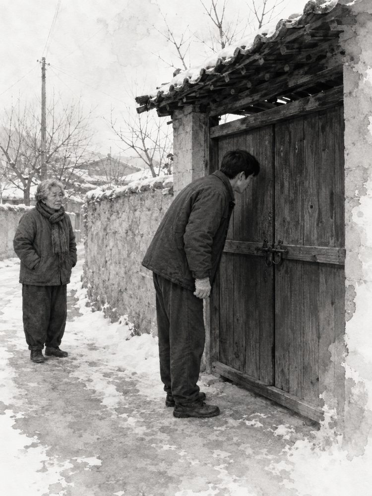 겨울 골목의 굳게 닫힌 대문